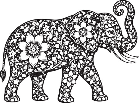 Elephant Stainding Silhouette with Intricate Decorative Mandala Pattern