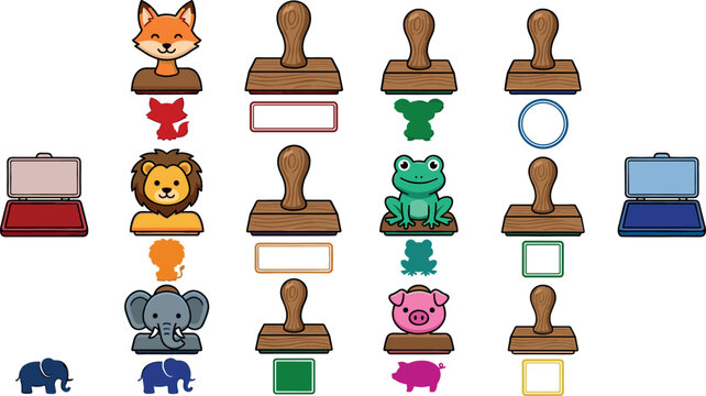 Kids toy stampers collection with cartoon animal characters inkpads and geometric borders including circle square and rectangle frames for children craft worksheet design