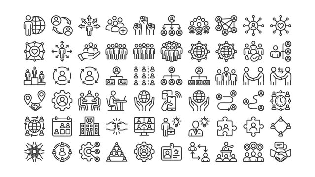 Linestyle business icons set for teamwork collaboration communication management and organization on white background