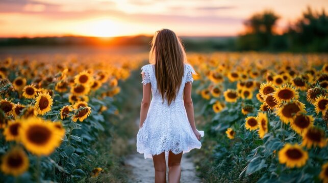 Back view of woman in white dress walking among sunflowers at sunset. Scenic summer field, soft evening light and carefree countryside atmosphere