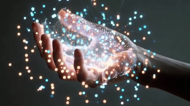 A close-up shot of a human hand cradling a glowing orb of light, surrounded by swirling particles of light, representing innovation. ..Created with Generative AI, not depicting real subjects.