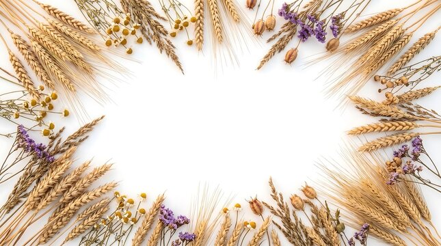 Rustic Frame of Dried Wheat Ears and Small Purple Flowers on White Background for Harvest Theme