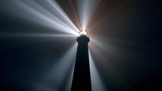 A solitary lighthouse stands tall against the dark, foggy night, its powerful beam piercing through the gloom to guide ships safely to shore. ..Created with Generative AI, not depicting real subjects.