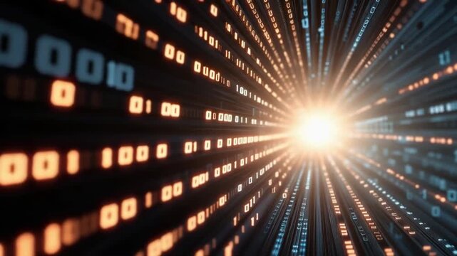 A digital data stream of binary code, 0s and 1s, rushes toward a bright, glowing light. ..Created with Generative AI, not depicting real subjects.