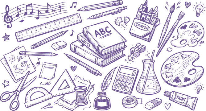 School supplies doodle silhouette back to school illustration with art tools