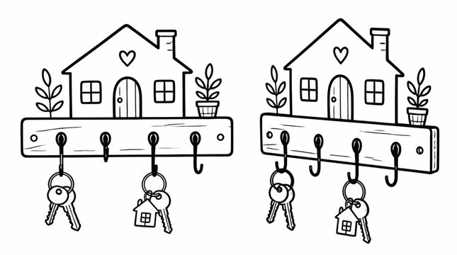 Illustrated house shaped key holder with hanging keys.