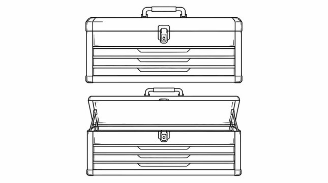 Metal toolbox with handle and latches illustration.