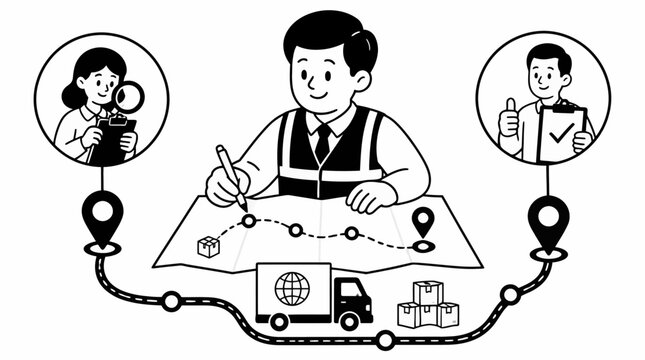 Logistics manager planning delivery routes on map with truck and customers.
