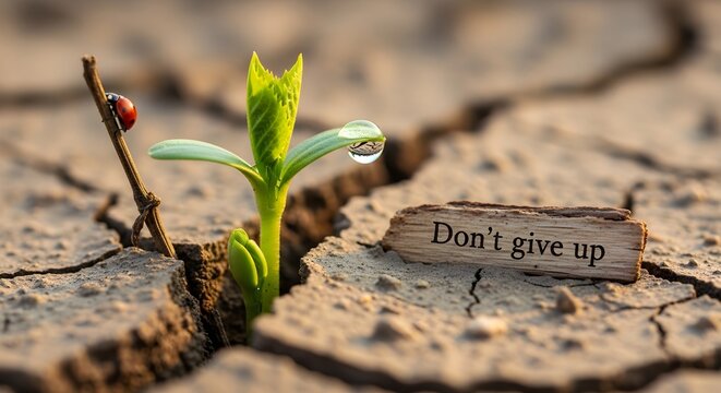 A small green plant grows through cracked dry earth with a ladybug and a 'Don't give up' sign.
