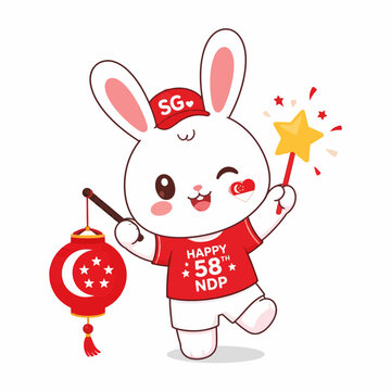 Cute rabbit celebrating Singapore National Day with lantern.