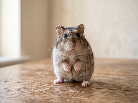 Adorable small gray dwarf hamster standing on a rustic wooden table.