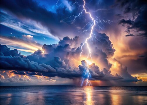 Dramatic lightning storm over the ocean at dusk