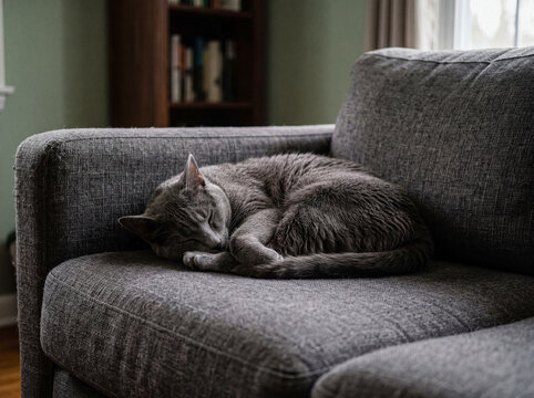 Tranquil moment of a peaceful gray cat, curled up and soundly sleeping on a cozy gray couch in a warm home setting.
