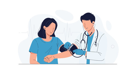Fototapeta premium Doctor checking patient's blood pressure with stethoscope, modern flat illustration for healthcare and medical concepts