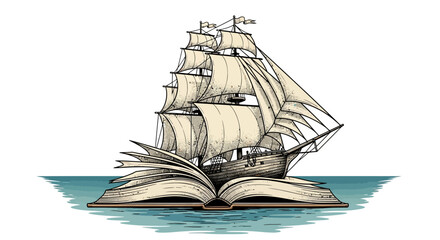 Vintage Sailing Ship Emerging from Open Book Vector Illustration © serra
