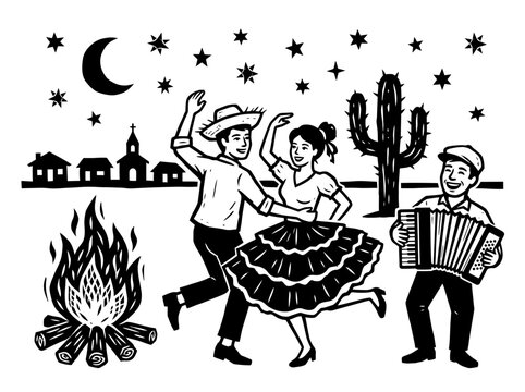 Brazilian Festa Junina Woodcut Style Illustration with Dancing Couple and Accordionist