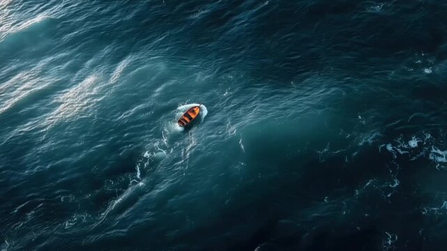 A lone raft floats precariously on the vast, turbulent ocean, a stark symbol of isolation and the struggle for survival. ..Created with Generative AI, not depicting real subjects.