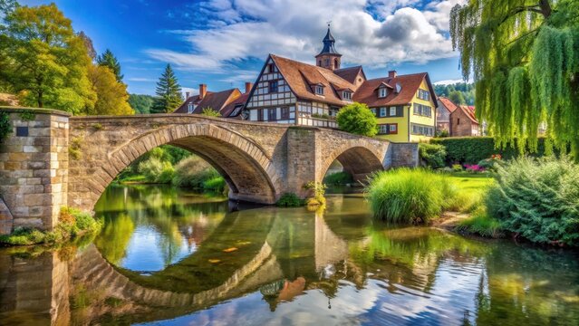 Old stone bridge over a gentle stream in the picturesque town of Marbach am Neckar