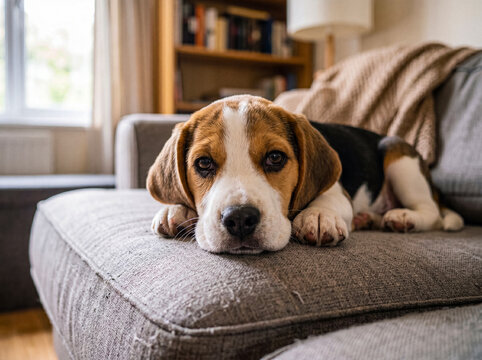 Adorable beagle puppy resting comfortably on a soft grey sofa, looking charmingly at the camera with gentle eyes.