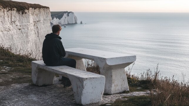 Solitary Man Contemplating Sea from White Cliffs Bench.