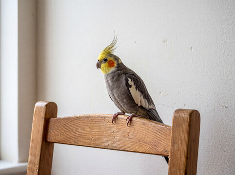 Charming grey and yellow cockatiel bird with a distinctive crest perched calmly on a rustic wooden chair indoors.