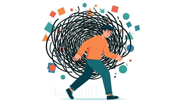 Mental Health Struggle Concept with Person Carrying Heavy Tangled Burden of Negative Thoughts and Stress