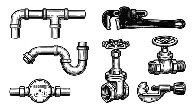Plumbing pipe fittings and tools illustration set.