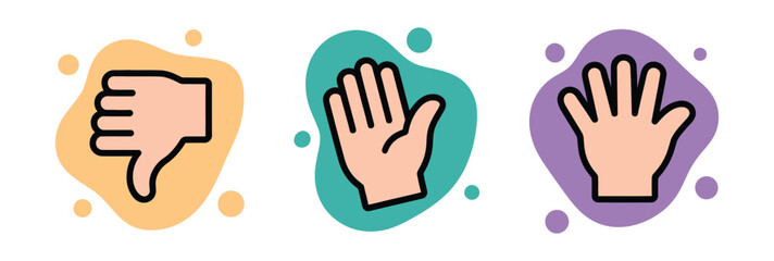 Fototapeta premium Hand Gesture Icon Collection, Thumbs Down Clapping Raised Hand Colorful Symbols, Playful Doodle Style Expressions For Social Communication Creative Projects And Digital Applications.
