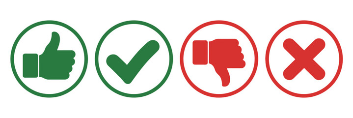 Evaluation icons, thumbs up and thumbs down symbols with checkmark and cross buttons for rating and feedback systems. © LEECOO