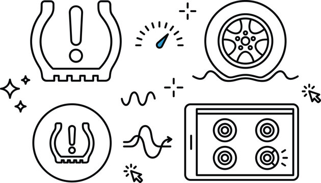 Tire Pressure Monitoring System Icon Set with Flat Wheel Warning Dashboard Symbols