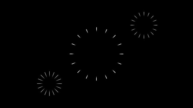 Fireworks circle burst explosion using line shapes blast. Geometric circle burst pop-up motion graphics with shiny circle ring highlights and cinematic sparkle visuals on black screen 4k.
