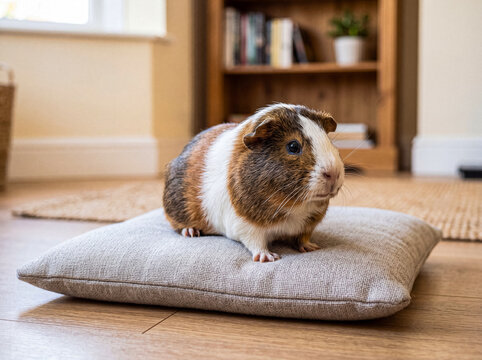 Quaint guinea pig with colorful fur observing its surroundings from a comfy cushion, showcasing its inquisitive nature.