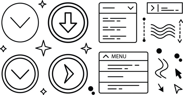 User Interface Dropdown Menu and Arrow Icon Set for Navigation Website Vector Designs,