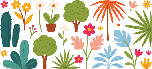Naklejka premium Collection of flat style tropical plants and flowers in various colors