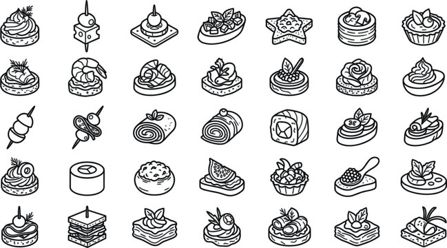  Canape and Appetizer Line Icon Set with Finger Food Tapas Hors d'oeuvres Bruschetta Sushi Roll and Catering Skewer Symbols for Menu DesignsCanape and Appetizer Line Icon Set with Finger Food Tapas Ho