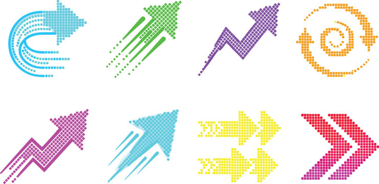 Set of Colorful Digital Dot Matrix Arrow Icons and Halftone Growth Pointers Isolated on White Background