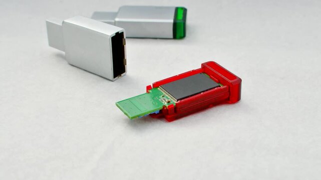Close-up of a disassembled USB flash drive on a white background, revealing its internal complexity. Close-up of an open USB flash drive, exposing circuits and connections, on a white surface.