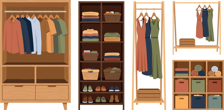 Flat furniture illustration collection featuring open garments rack wooden shelves baskets and fashion clothing storage elements for home interior design (