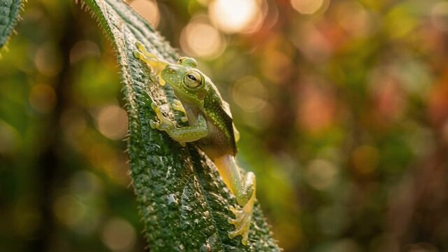 glass frog centrolenidae on a leaf in costa rica rainforest golden hour video