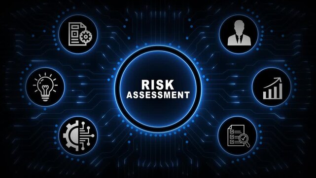 Risk Assessment Interface for Threat Evaluation with Blue Circular Dashboard, Insight Icons and Digital Matrix Background