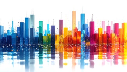 Obraz premium A vibrant abstract cityscape with buildings of various colors, reflecting in water, creating a stunning visual display