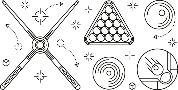 Billiards and Pool Cue Stick Icon Set with Snooker Table Game Elements for Websites,