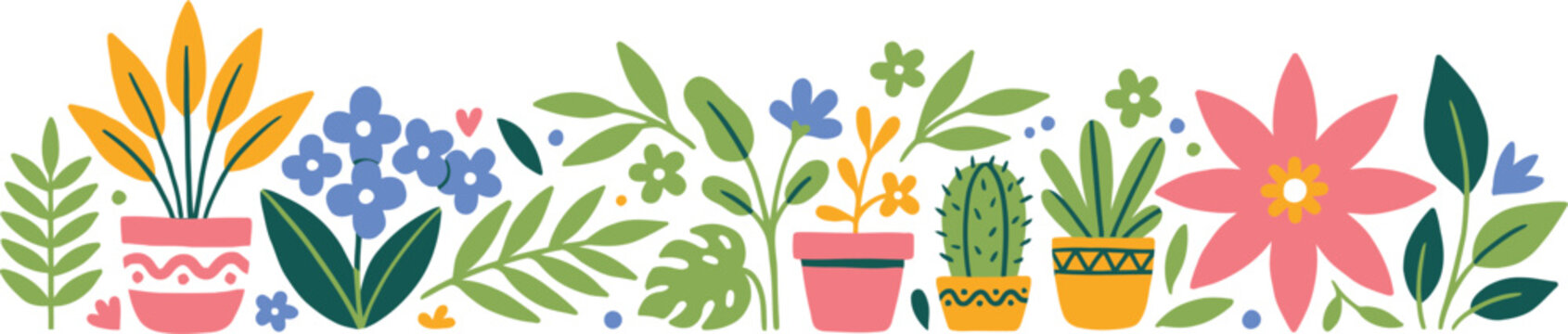 Colorful potted plants and flowers in a decorative border cactus