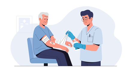 Fototapeta premium Doctor Bandaging Elderly Patient's Injured Arm in Medical Clinic