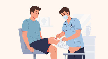 Obraz premium Doctor Bandaging Patient's Injured Knee in Clinic