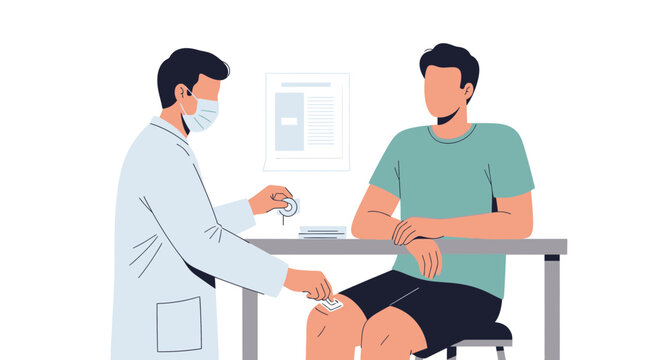 Doctor applying medical patch to patient's knee in clinic