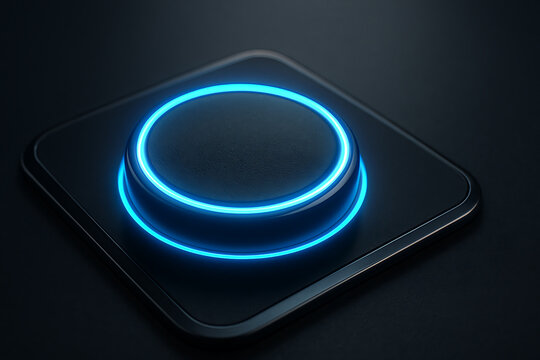 Glowing blue circular button on dark futuristic interface with sleek metallic surface and minimal design