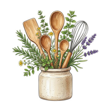 Kitchen Utensils and Fresh Herbs in a Ceramic Jar