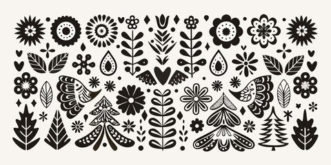 Floral ornament collection in black and white vector illustration featuring stylized botanical shapes foliage flower © RanjanKumar