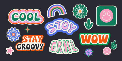 Retro Sticker Collection Featuring Floral Ornaments Typography And Smiling Faces Vector Illustration stickers vintage seventies © RanjanKumar